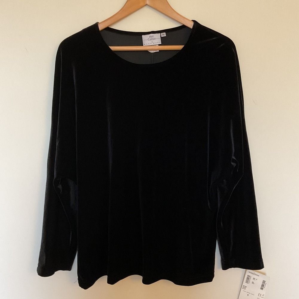 Hot Cotton Marc Ware Black Velvet Top Women Sz M Dolman Long Sleeve Goth Office